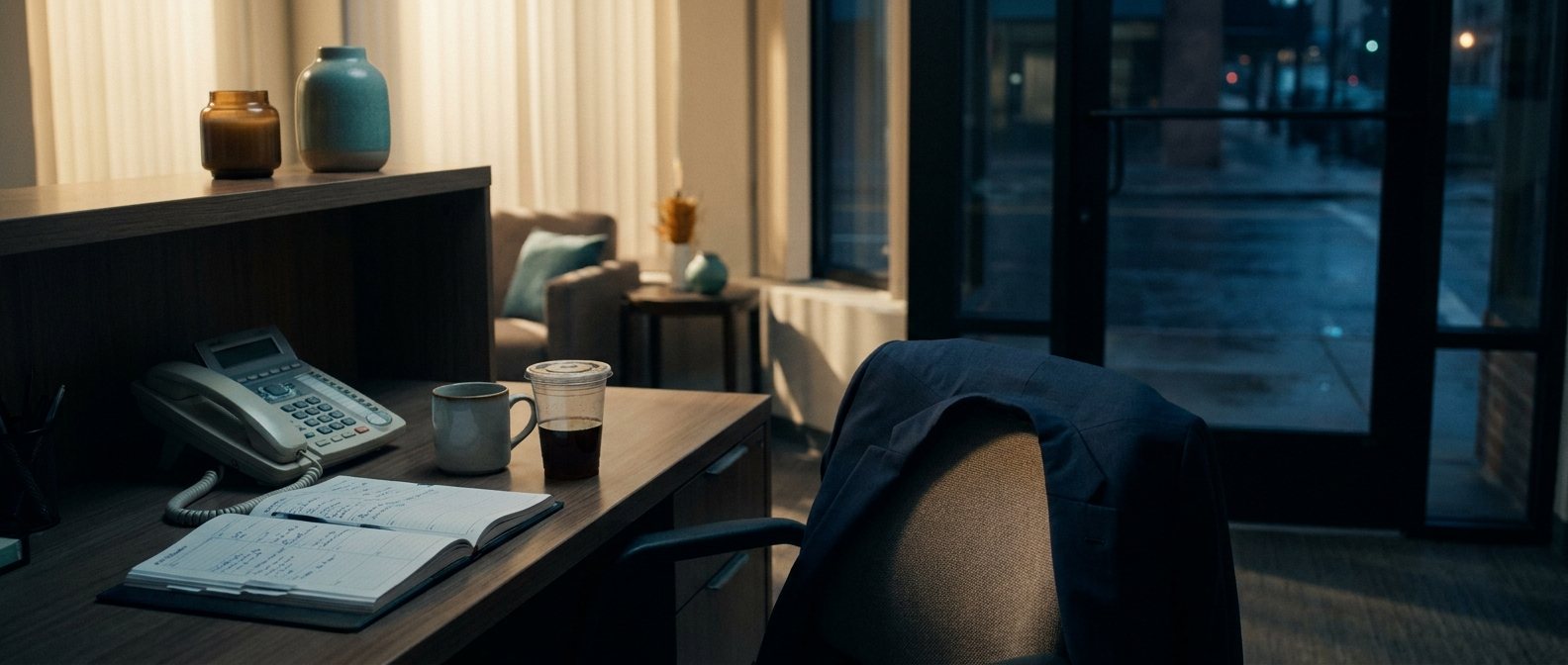 An empty reception desk after hours, the phone unanswered